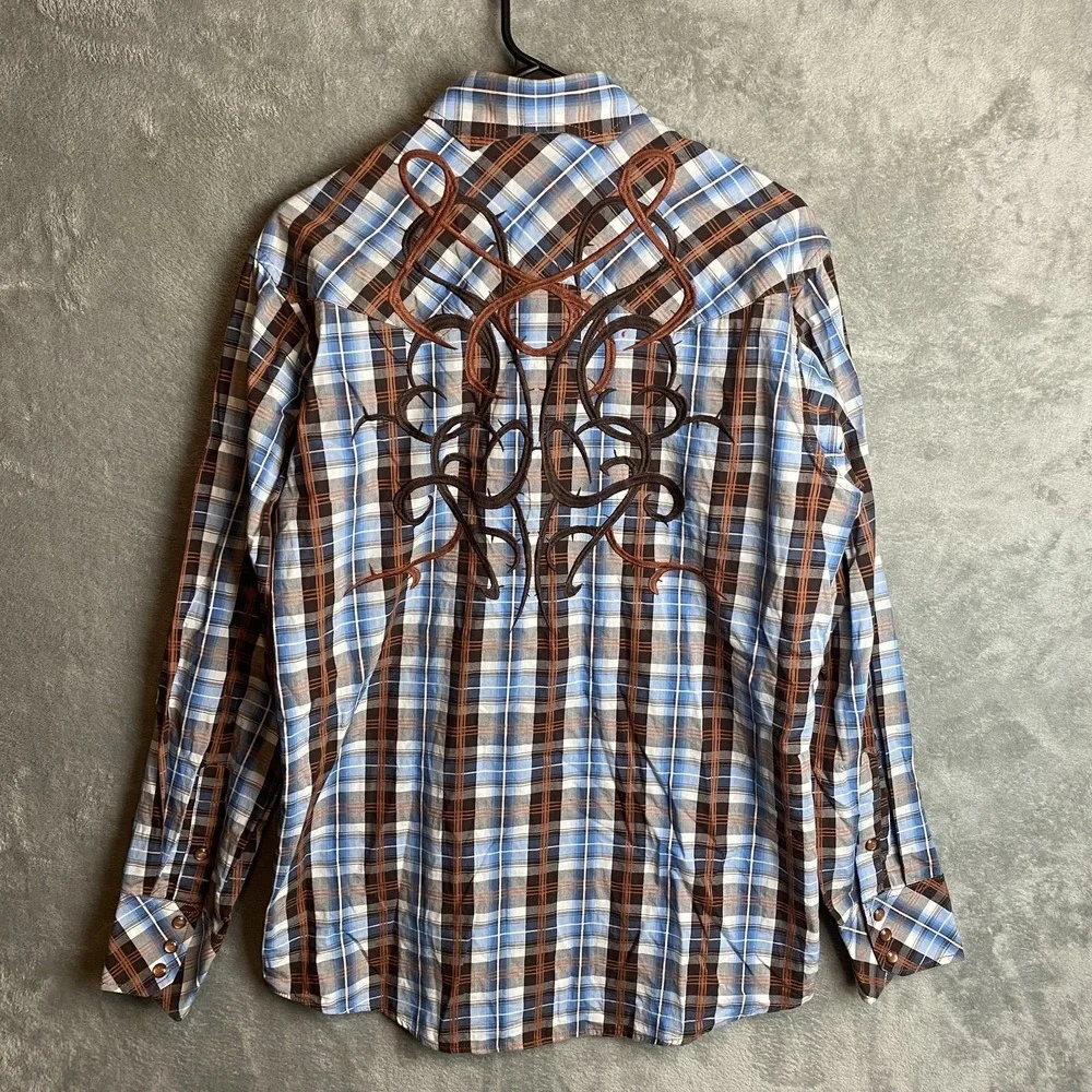 Panhandle Slim Men's M Plaid Western Shirt Blue Brown Embroidered